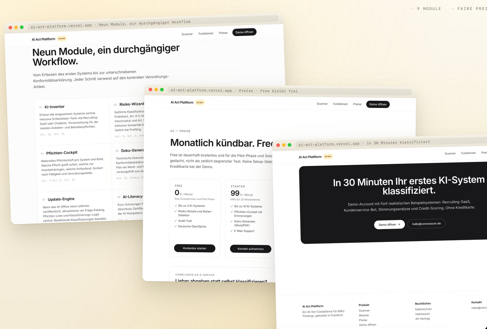 Drei Browser-Fenster der AI-Act-Plattform (concessum) in diagonaler Komposition: Modul-Übersicht mit neun Karten, Preis-Tafel mit vier Tarifen und Business hervorgehoben, Demo-Aufruf 'In 30 Minuten Ihr erstes KI-System klassifiziert'. Helle Cream-Optik mit goldenem Akzent.